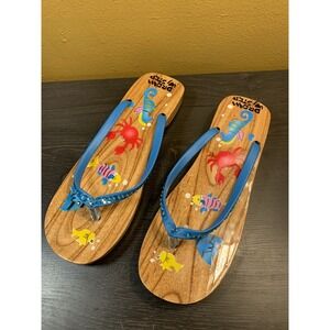 Dream Step Painted Wooden Sandals Sz 8 Crab Tiki Aloha‎ Hawaii Floral Tropics